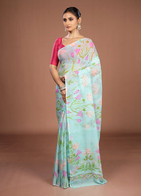 Blue Handloom Chiffon Pure Silk Saree With Blouse Piece
