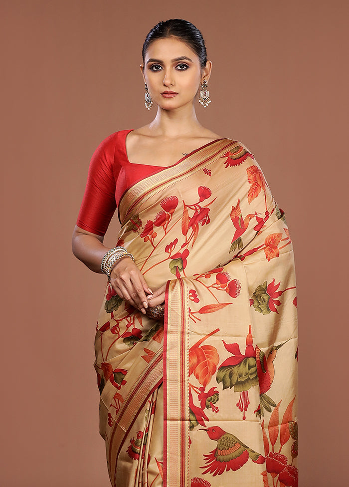Cream Printed Pure Silk Saree Without Blouse Piece