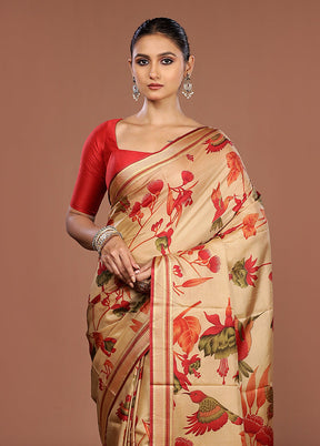 Cream Printed Pure Silk Saree Without Blouse Piece