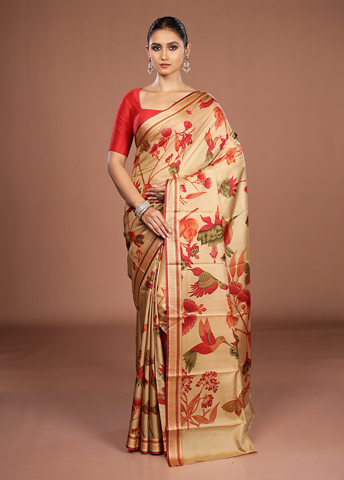 Cream Printed Pure Silk Saree Without Blouse Piece