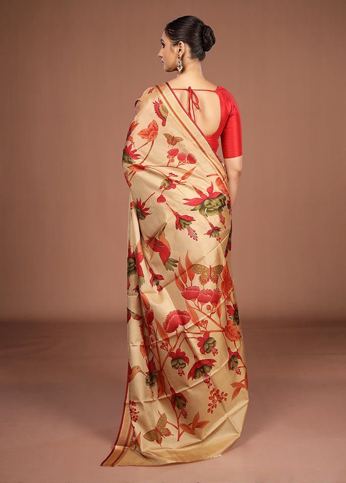 Cream Printed Pure Silk Saree Without Blouse Piece