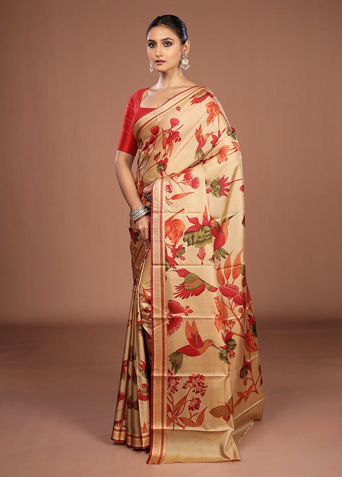 Cream Printed Pure Silk Saree Without Blouse Piece