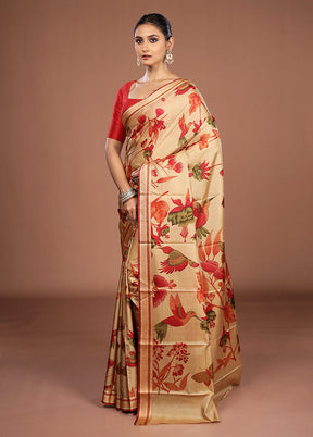 Cream Printed Pure Silk Saree Without Blouse Piece