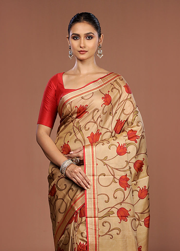 Cream Printed Pure Silk Saree Without Blouse Piece