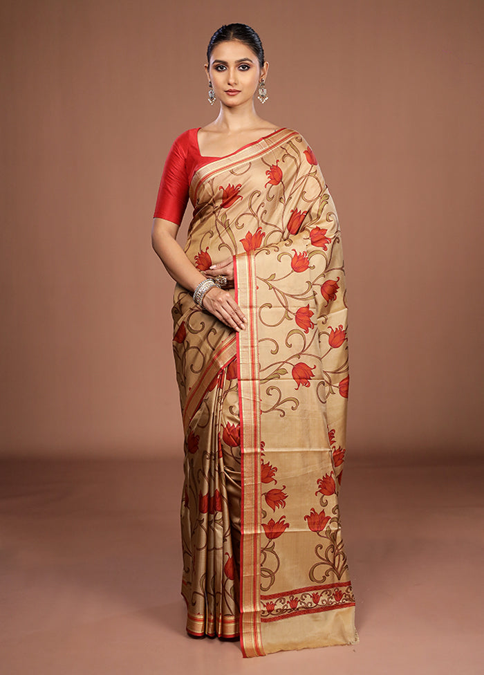 Cream Printed Pure Silk Saree Without Blouse Piece