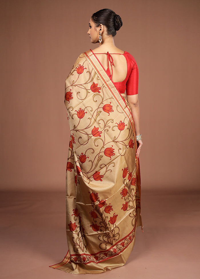 Cream Printed Pure Silk Saree Without Blouse Piece