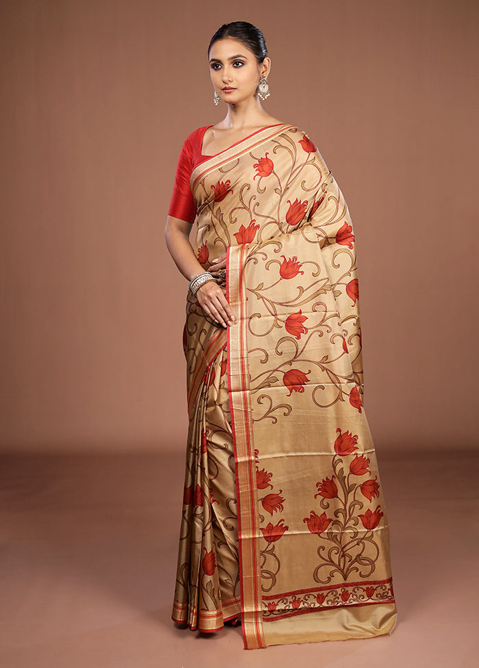 Cream Printed Pure Silk Saree Without Blouse Piece