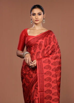 Red Printed Pure Silk Saree Without Blouse Piece