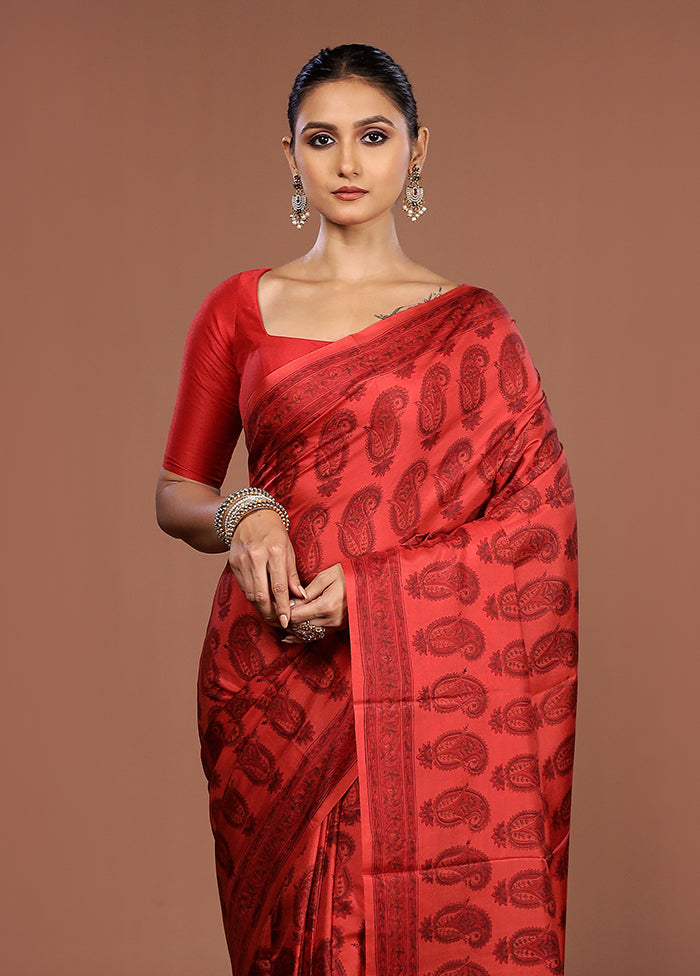 Red Printed Pure Silk Saree Without Blouse Piece