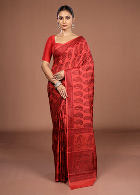 Red Printed Pure Silk Saree Without Blouse Piece
