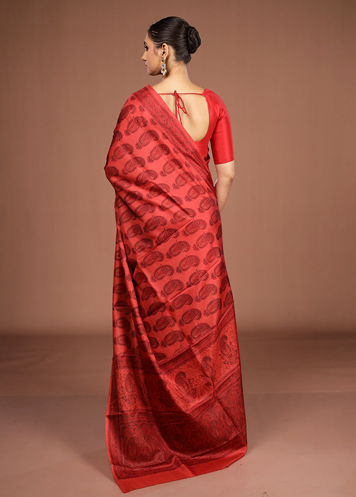 Red Printed Pure Silk Saree Without Blouse Piece