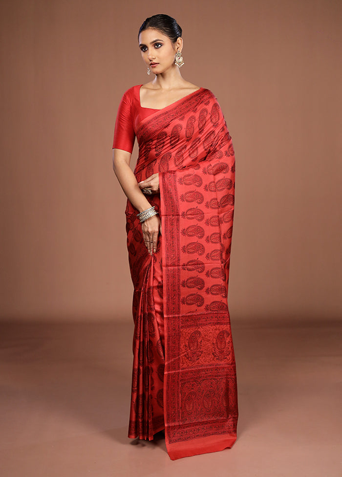 Red Printed Pure Silk Saree Without Blouse Piece