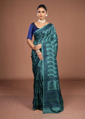 Green Printed Pure Silk Saree Without Blouse Piece