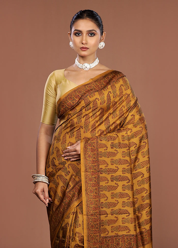 Yellow Printed Pure Silk Saree Without Blouse Piece