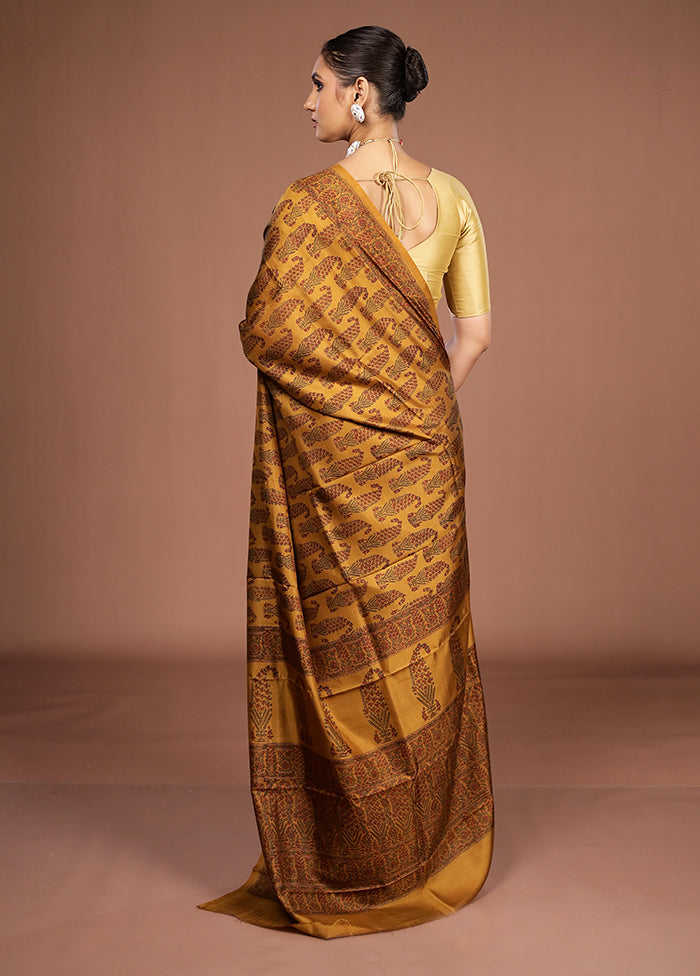 Yellow Printed Pure Silk Saree Without Blouse Piece