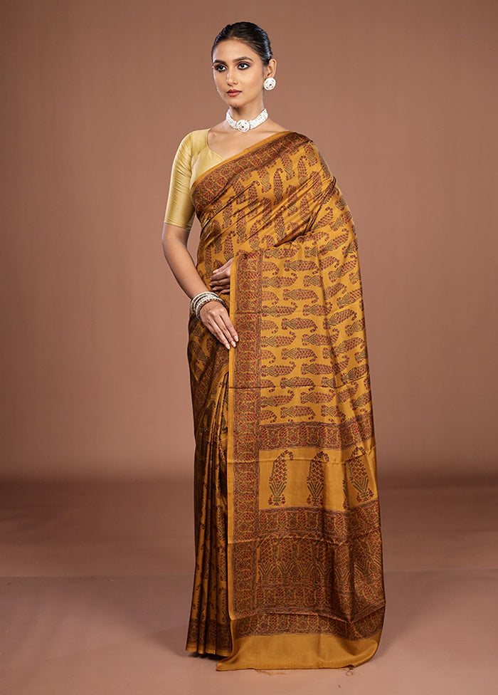 Yellow Printed Pure Silk Saree Without Blouse Piece