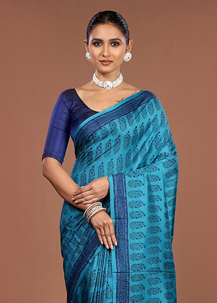 Blue Printed Pure Silk Saree Without Blouse Piece