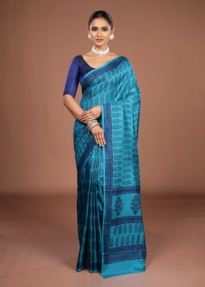 Blue Printed Pure Silk Saree Without Blouse Piece