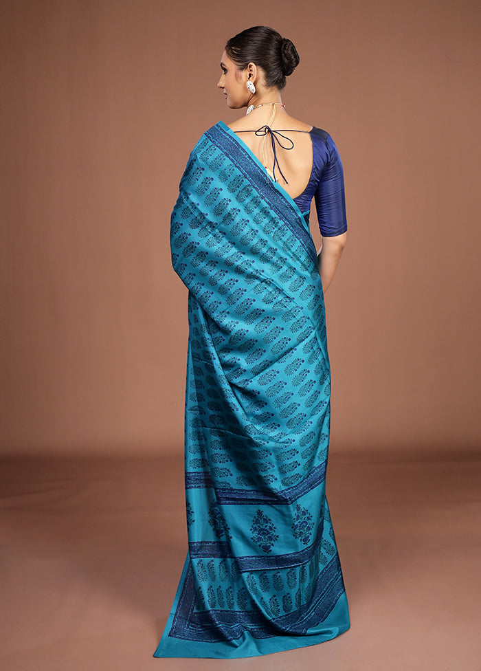 Blue Printed Pure Silk Saree Without Blouse Piece