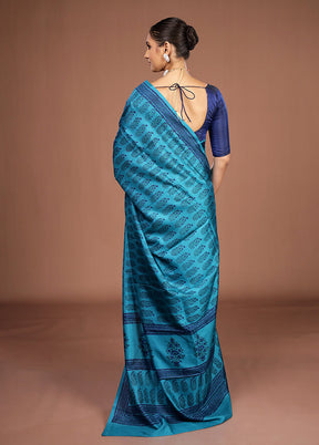 Blue Printed Pure Silk Saree Without Blouse Piece