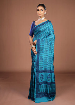 Blue Printed Pure Silk Saree Without Blouse Piece