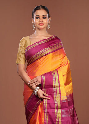 Yellow Handloom Kanjivaram Pure Silk Saree With Blouse Piece