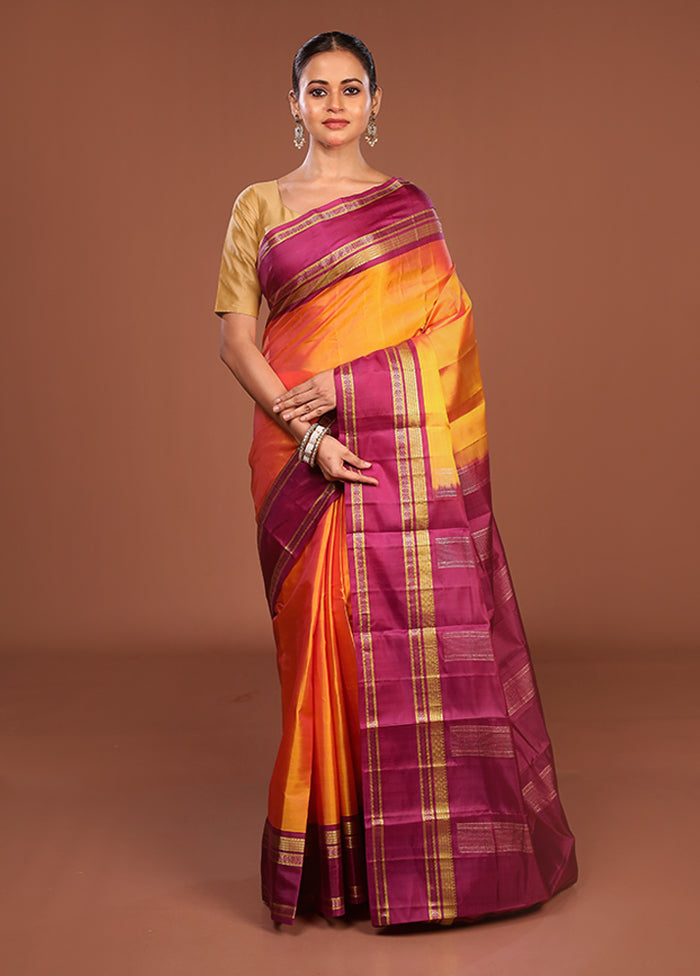 Yellow Handloom Kanjivaram Pure Silk Saree With Blouse Piece