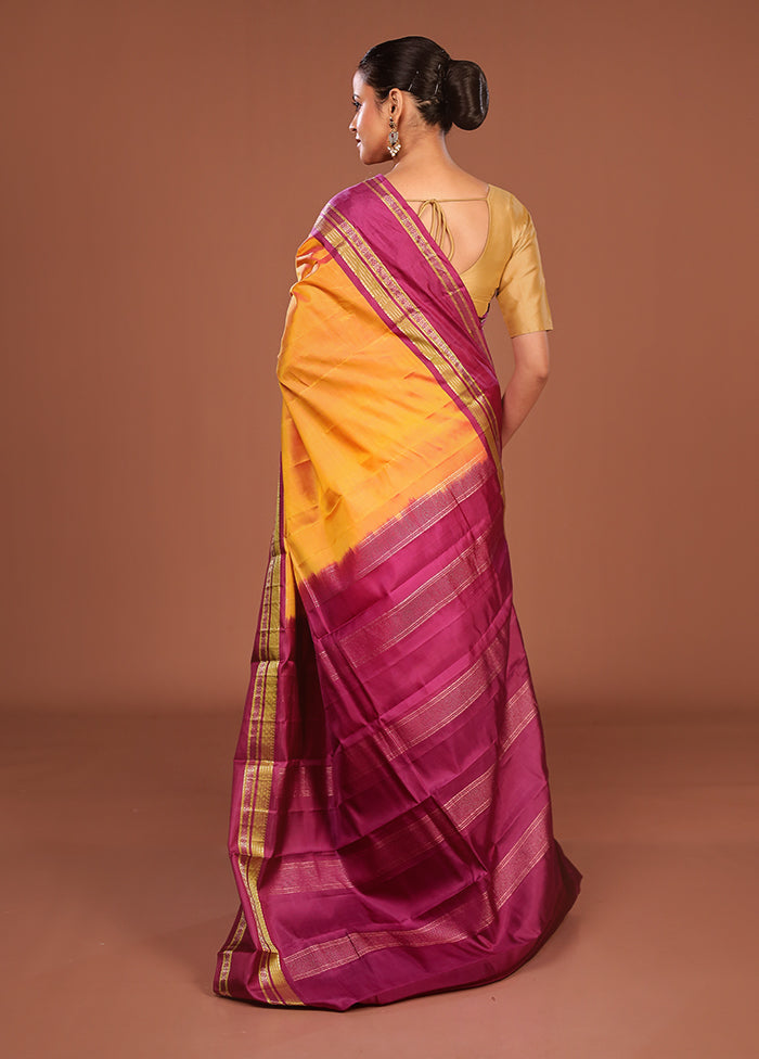 Yellow Handloom Kanjivaram Pure Silk Saree With Blouse Piece