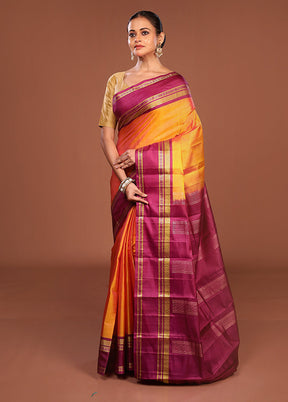 Yellow Handloom Kanjivaram Pure Silk Saree With Blouse Piece