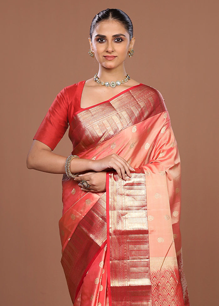 Pink Handloom Kanjivaram Pure Silk Saree With Blouse Piece