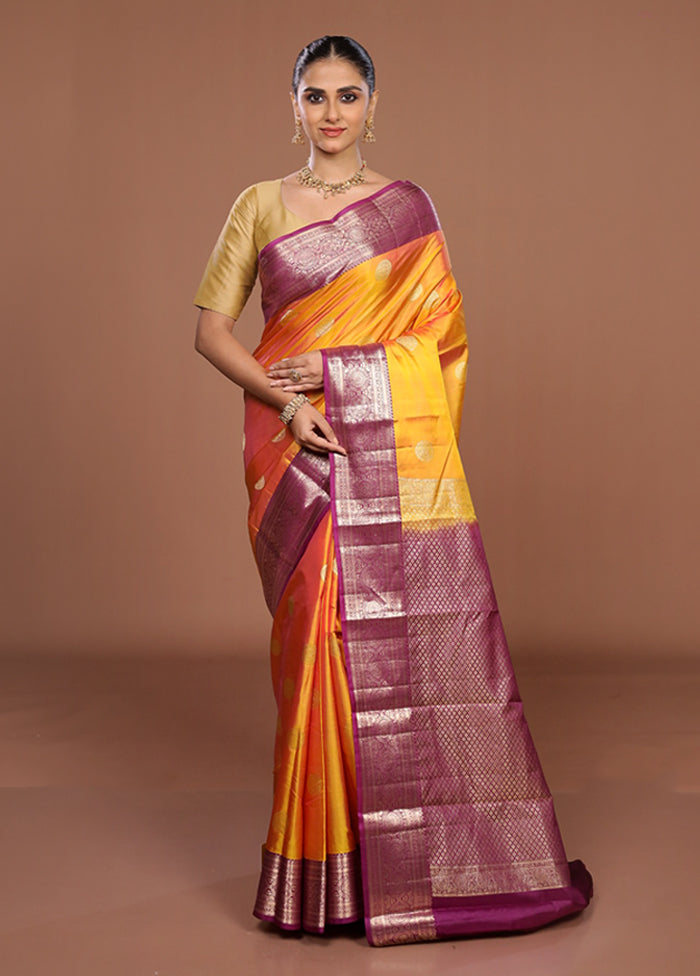 Yellow Handloom Kanjivaram Pure Silk Saree With Blouse Piece