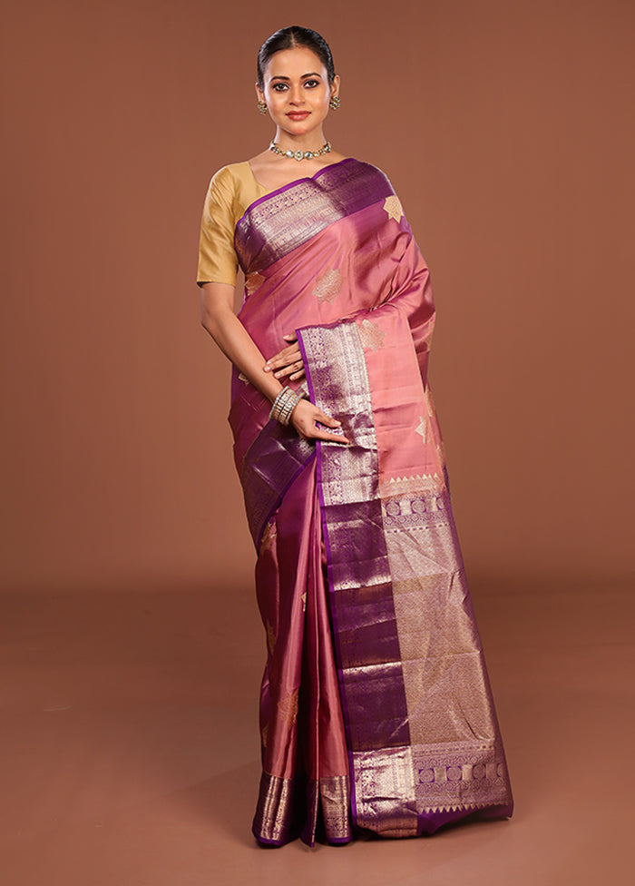 Pink Handloom Kanchipuram Pure Silk Saree With Blouse Piece
