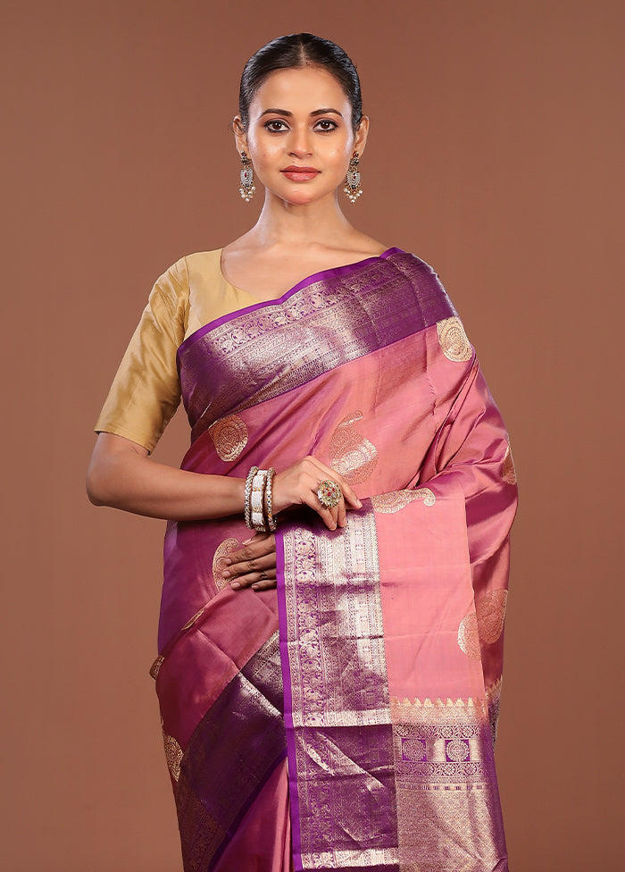Pink Handloom Kanchipuram Pure Silk Saree With Blouse Piece