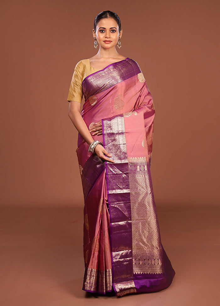 Pink Handloom Kanchipuram Pure Silk Saree With Blouse Piece