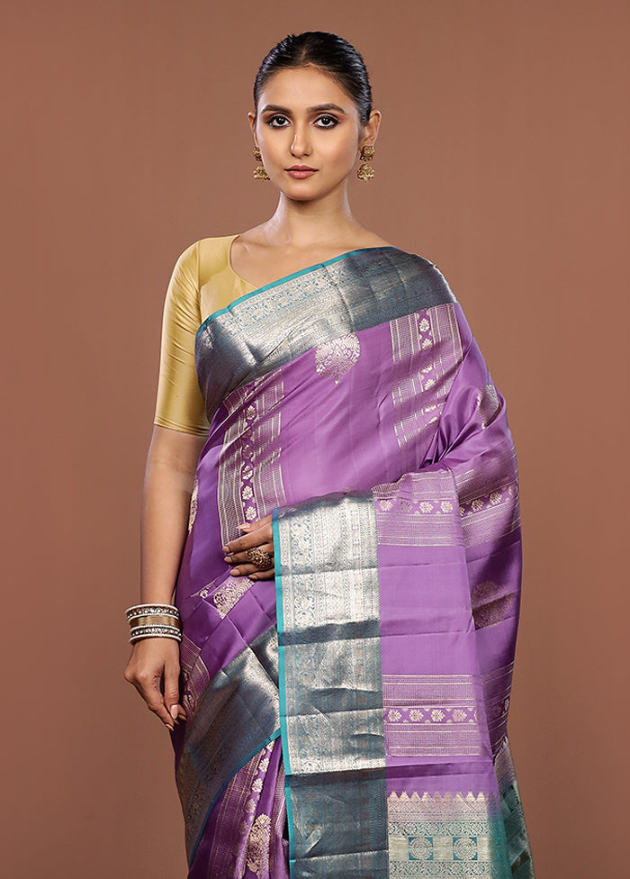 Purple Handloom Kanchipuram Pure Silk Saree With Blouse Piece