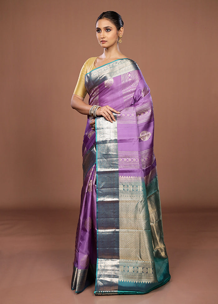 Purple Handloom Kanchipuram Pure Silk Saree With Blouse Piece