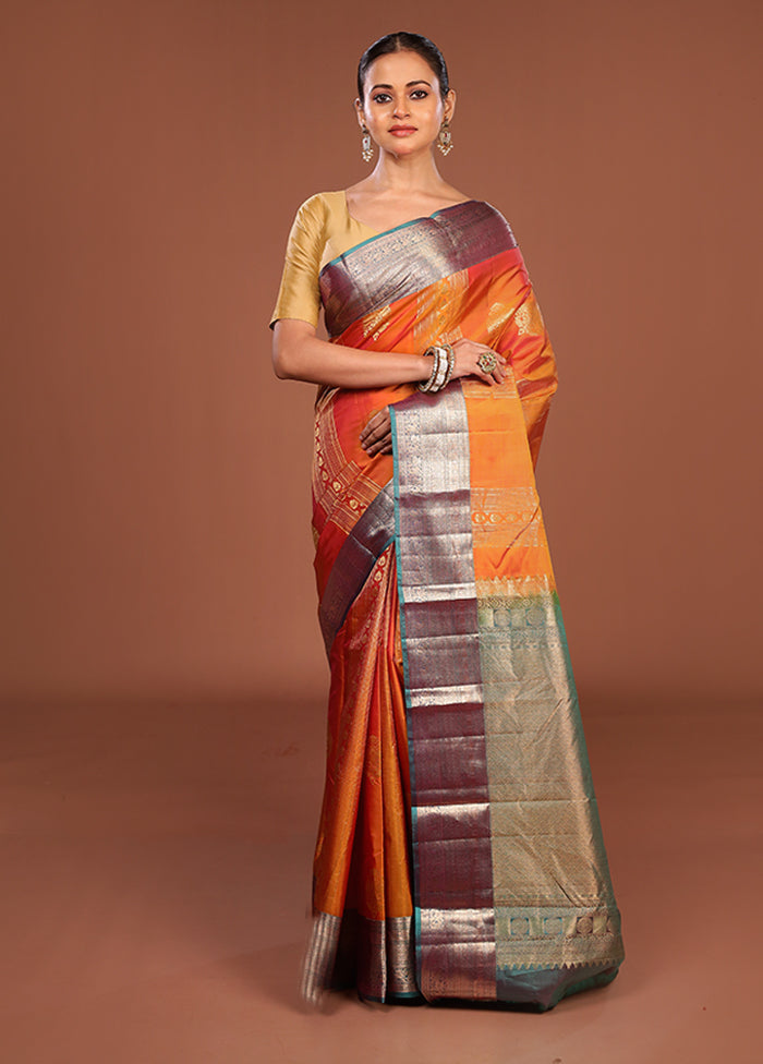 Yellow Handloom Kanchipuram Pure Silk Saree With Blouse Piece