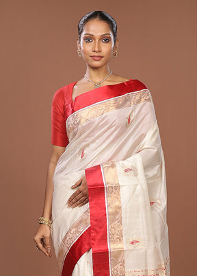 White Garad Pure Silk Saree Without Blouse Piece