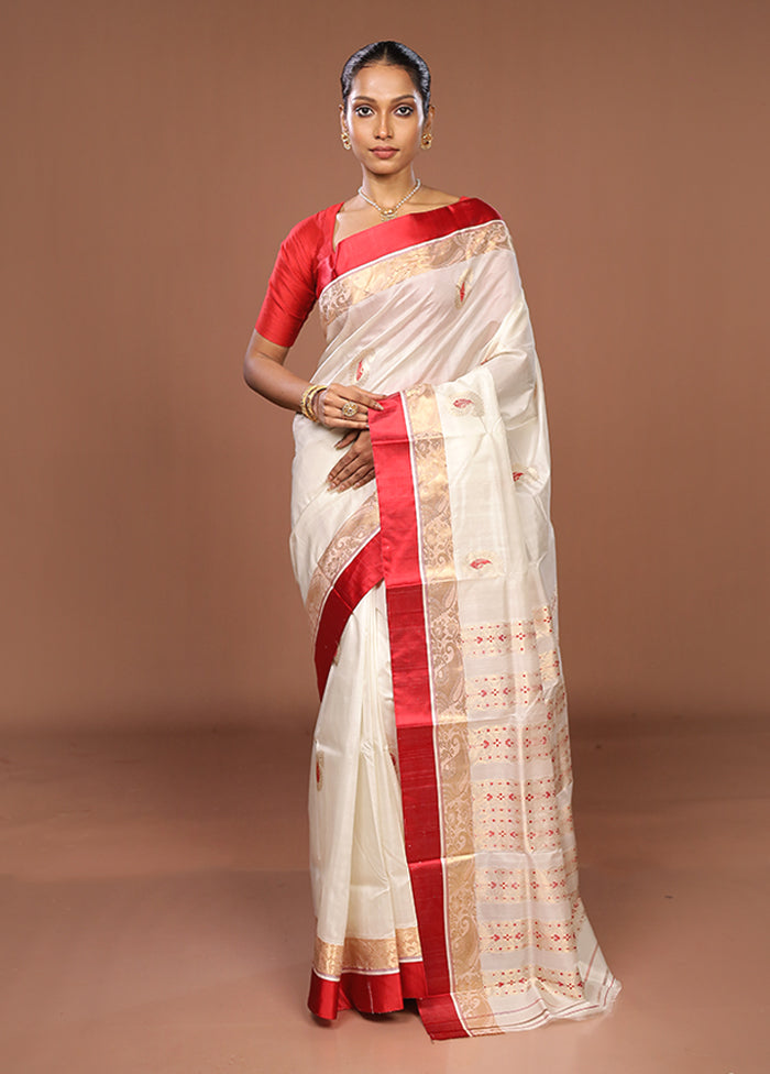 White Garad Pure Silk Saree Without Blouse Piece