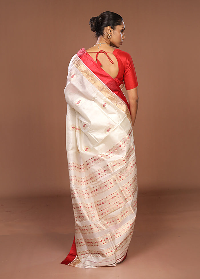 White Garad Pure Silk Saree Without Blouse Piece