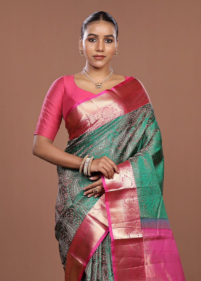 Green Handloom Kanjivaram Pure Silk Saree With Blouse Piece