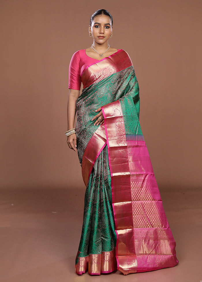 Green Handloom Kanjivaram Pure Silk Saree With Blouse Piece