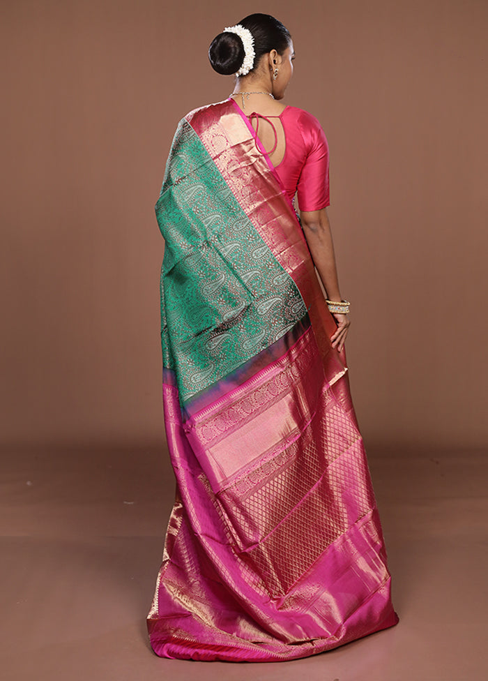 Green Handloom Kanjivaram Pure Silk Saree With Blouse Piece