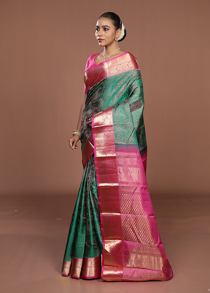 Green Handloom Kanjivaram Pure Silk Saree With Blouse Piece