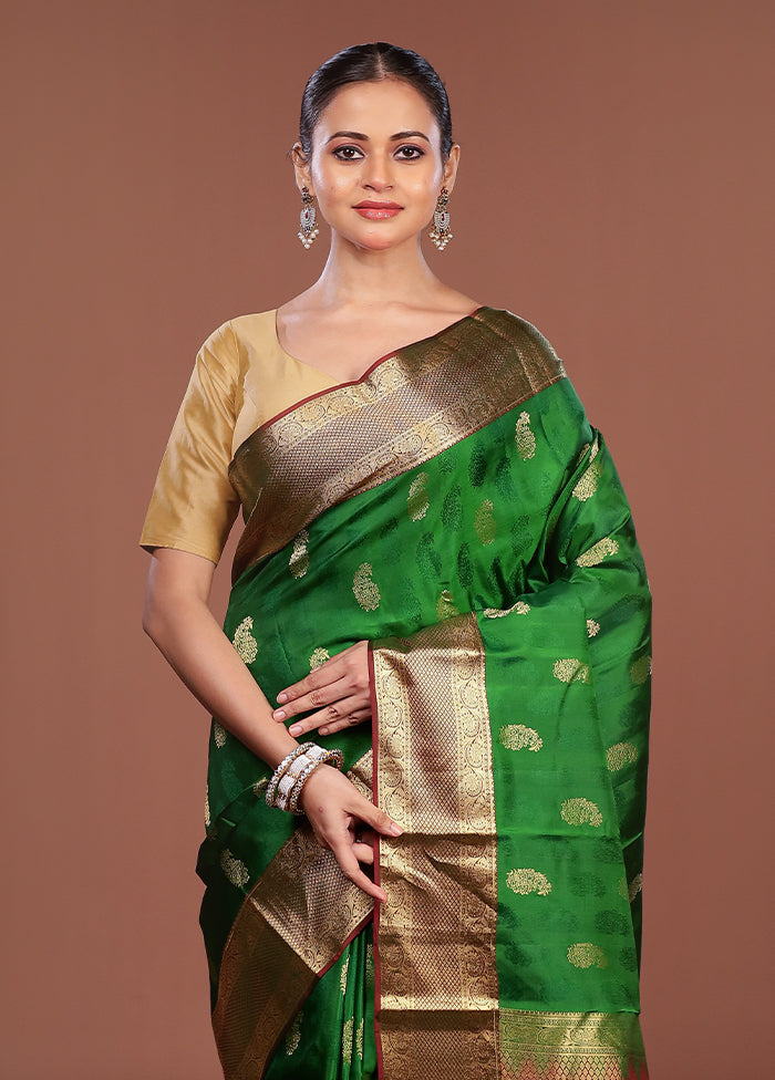 Green Handloom Kanchipuram Pure Silk Saree With Blouse Piece