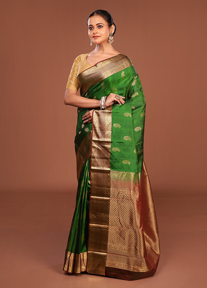 Green Handloom Kanchipuram Pure Silk Saree With Blouse Piece