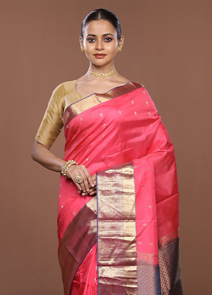 Pink Handloom Kanjivaram Pure Silk Saree With Blouse Piece