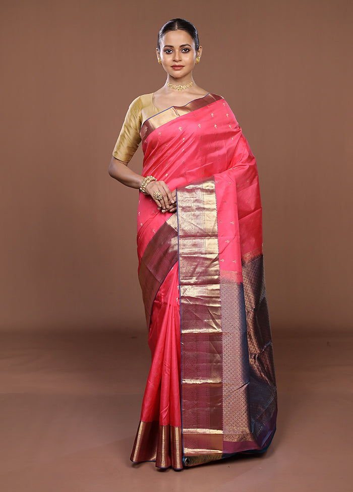 Pink Handloom Kanjivaram Pure Silk Saree With Blouse Piece