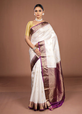 White Handloom Kanchipuram Pure Silk Saree With Blouse Piece