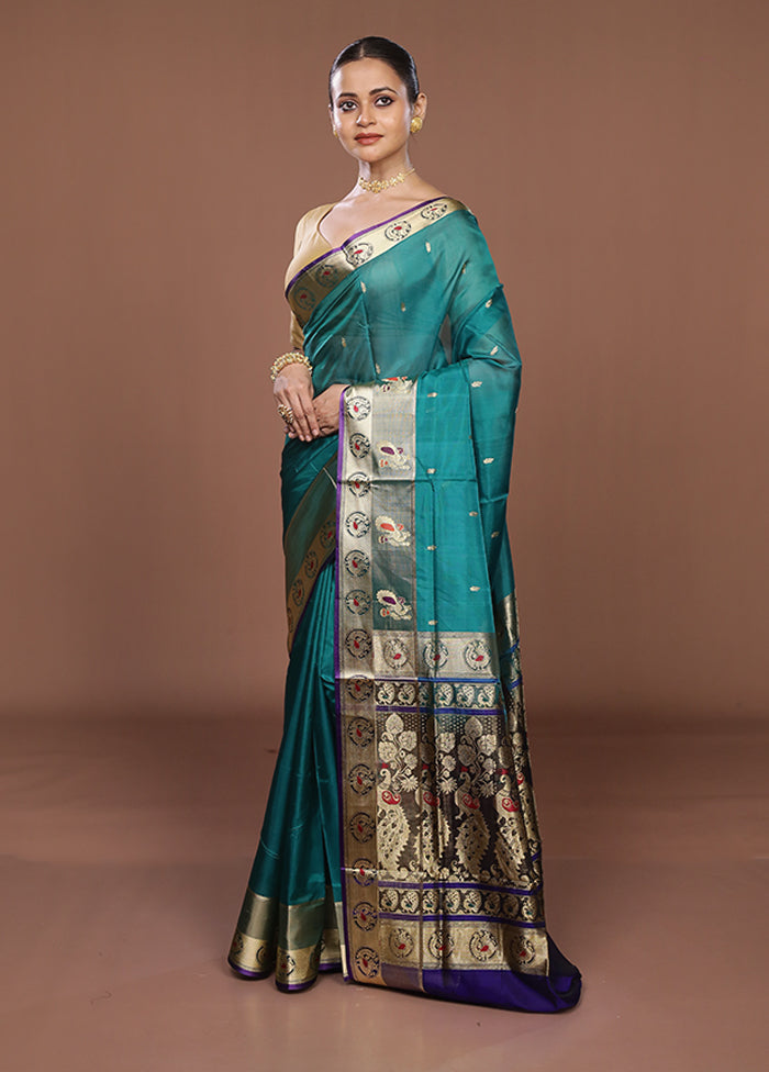 Green Handloom Pure Cotton Saree With Blouse Piece
